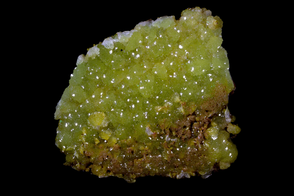 Close-up of a lime green crystalline adamite cluster from Mexico.