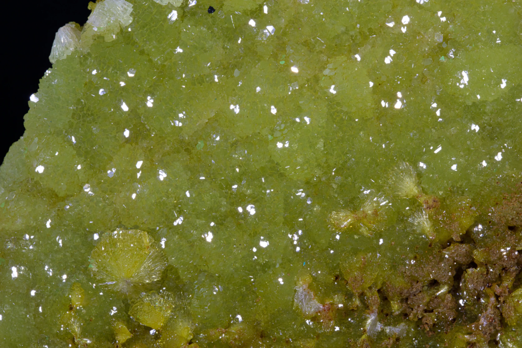 Macro detail of radial yellow-green adamite crystal aggregates from Mexico.