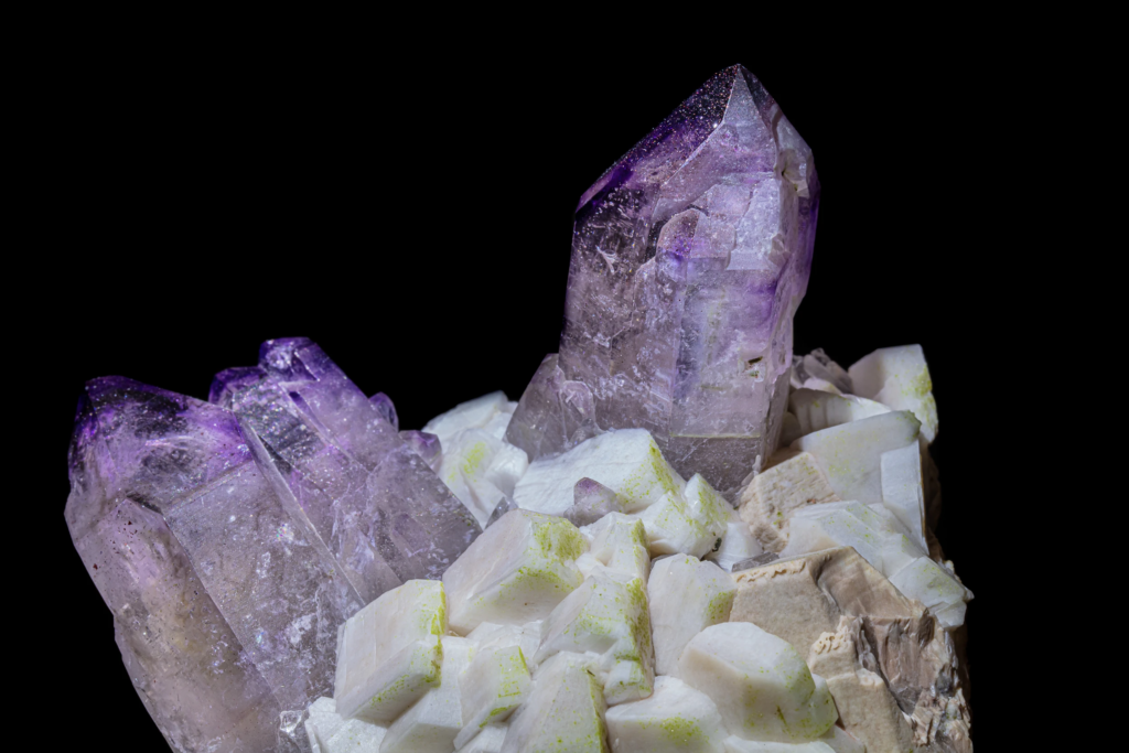 Close-up of deep purple zoned amethyst terminations from Namibia.