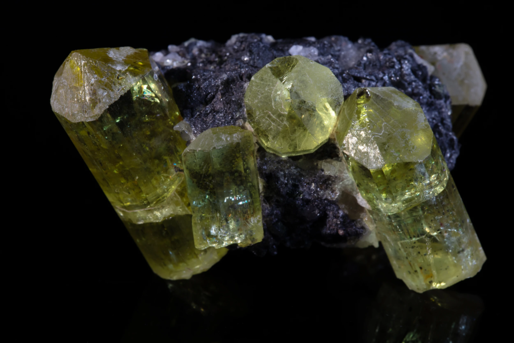 Close-up of yellow prismatic apatite crystals on matrix from Mexico.