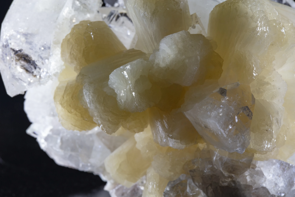 Pyramidal terminations of transparent colorless apophyllite crystals from India.
