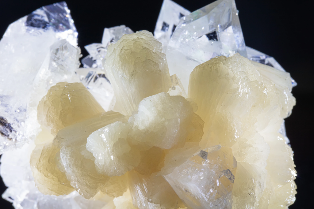 Translucent cream stilbite sheaf alongside sharp colorless apophyllite from India.