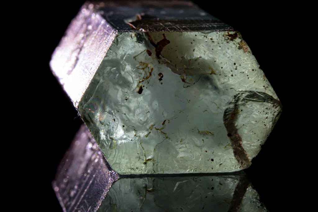 Hexagonal termination of a pale blue aquamarine crystal from Namibia.