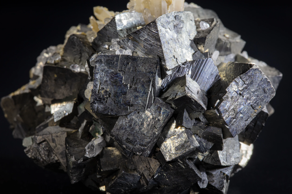 Full mineral specimen of metallic arsenopyrite with calcite from Kosovo.