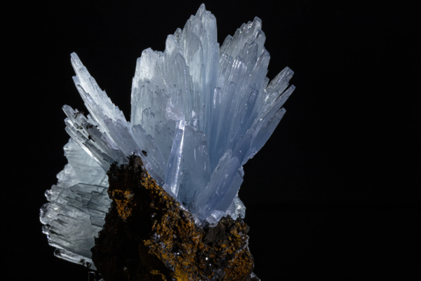 Pale blue prismatic barite crystals on brown matrix from Morocco.