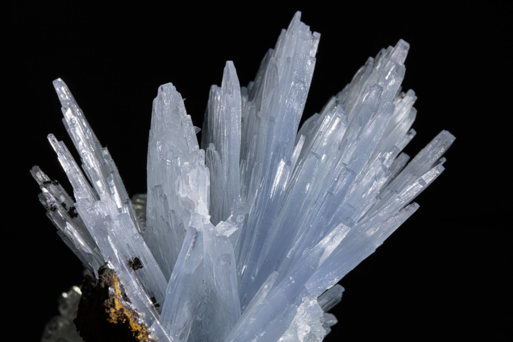 Close-up of pale blue acicular barite crystal clusters from Morocco.