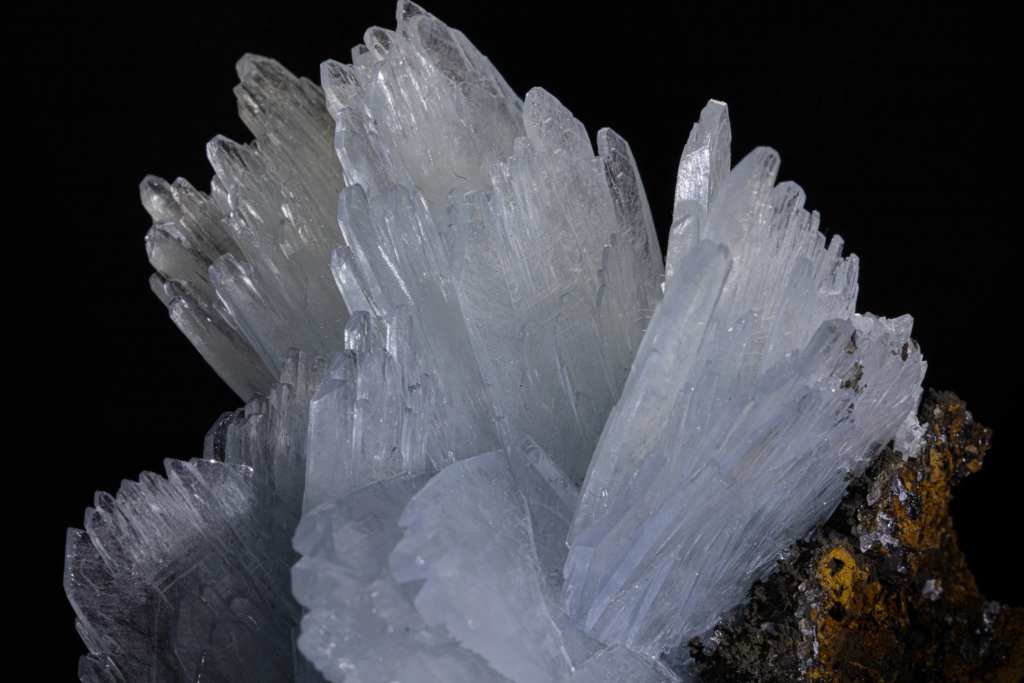 Detailed view of divergent pale blue barite crystal blades, Morocco.