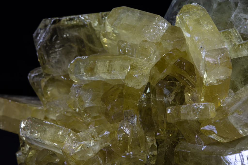 Macro photograph of tabular yellow barite crystal terminations from the USA.