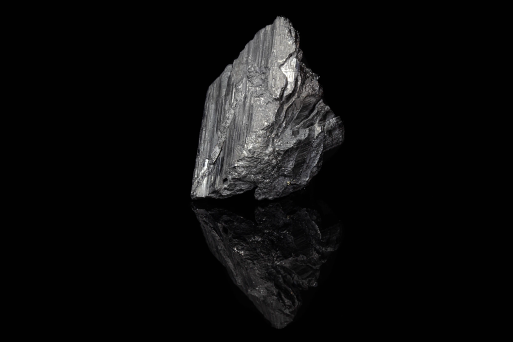 Close-up view of metallic gray striated andorite from Bolivia.