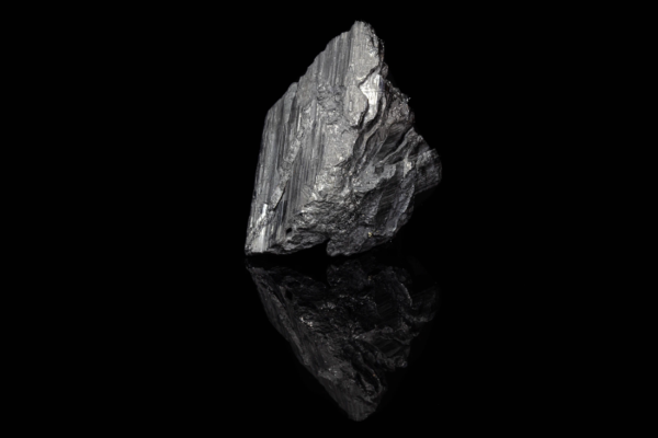 Close-up view of metallic gray striated andorite from Bolivia.
