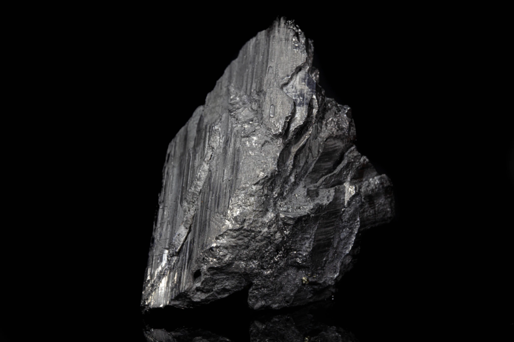 Macro photograph of a wedge shaped metallic andorite from Bolivia.