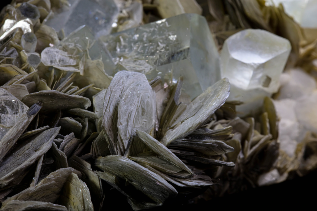 Full cluster of pale blue aquamarine crystals on muscovite matrix, Pakistan.