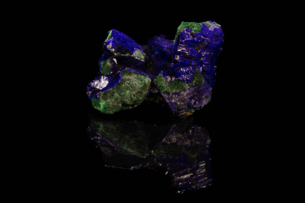 Blue azurite and green malachite specimen from Mexico with reflection.