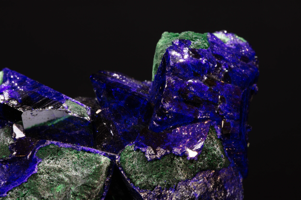 Macro photograph of tabular blue azurite crystals from Mexico
