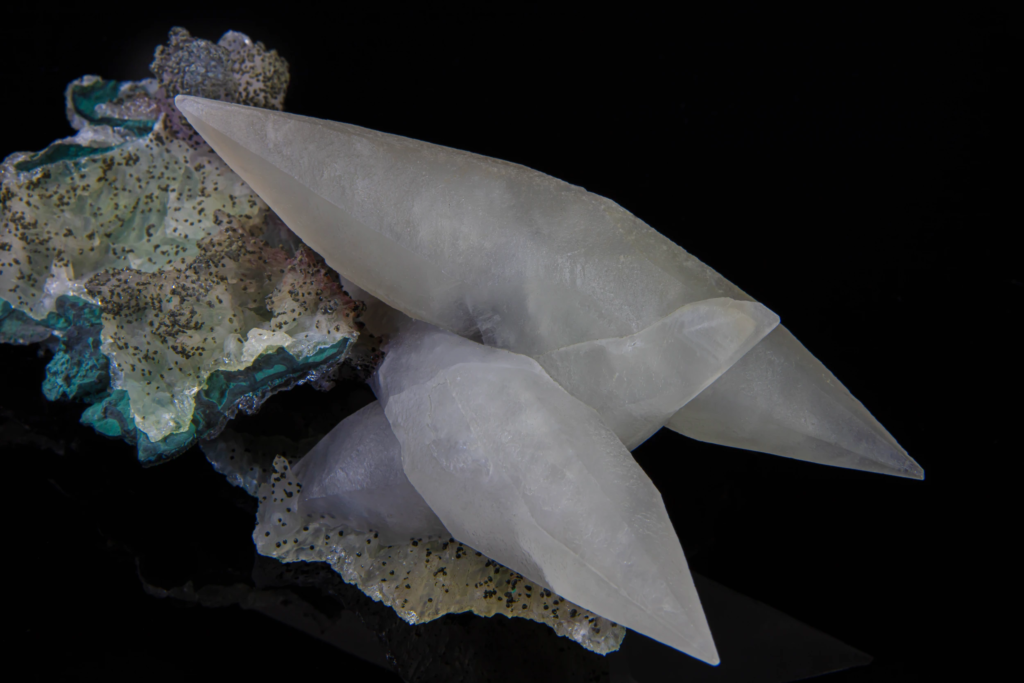 Close-up of translucent white calcite crystal terminations from Brazil.