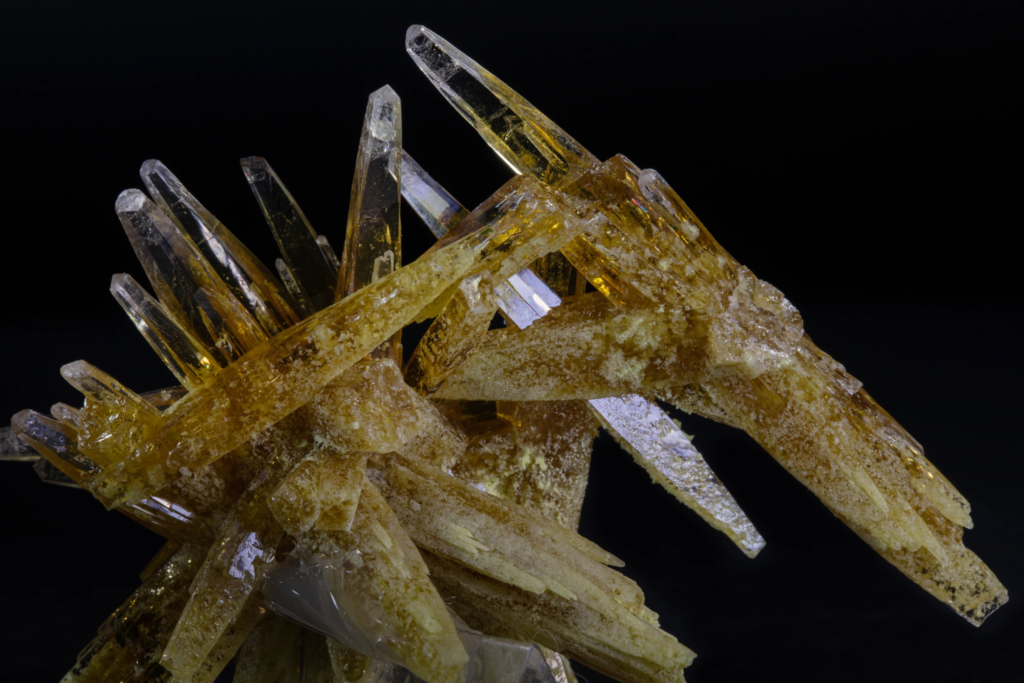 Close-up of amber celestine crystals with transparent terminations from Poland.