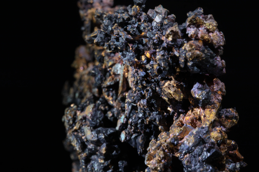 Profile view of microscopic native copper crystals on a dark matrix.