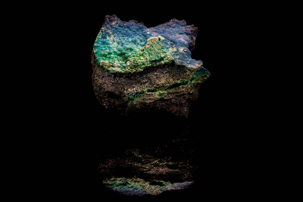 Blue and green botryoidal cornetite mineral crust from Congo.