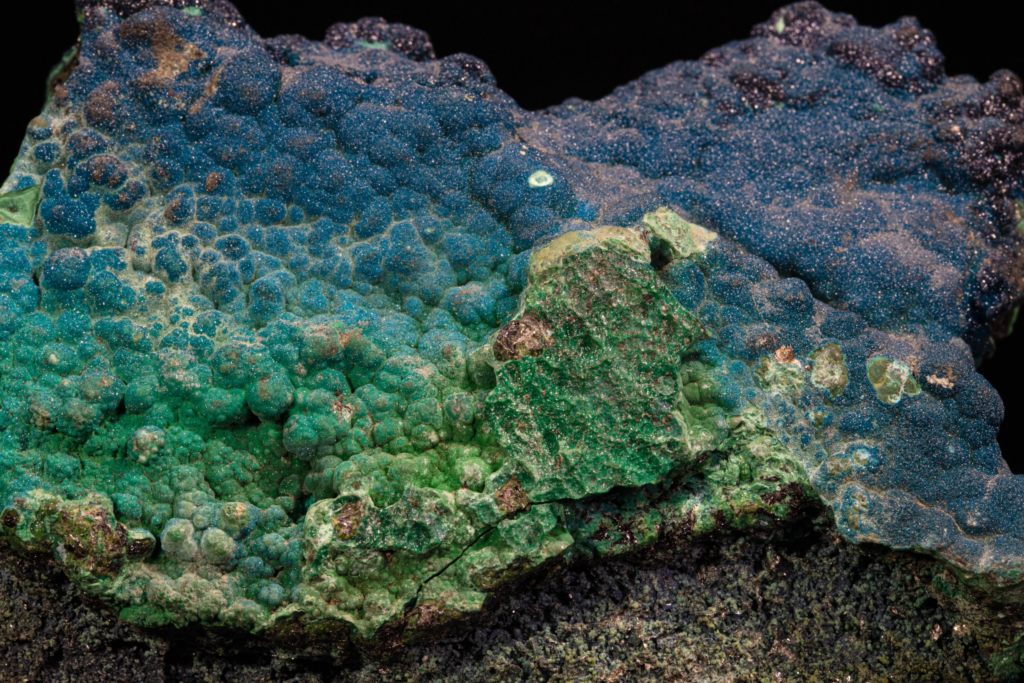 Green massive cornetite matrix with blue botryoidal crust, Congo.