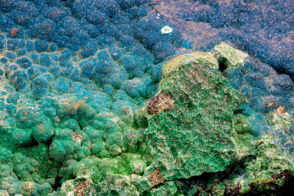Flat plate specimen of blue botryoidal cornetite from Congo.