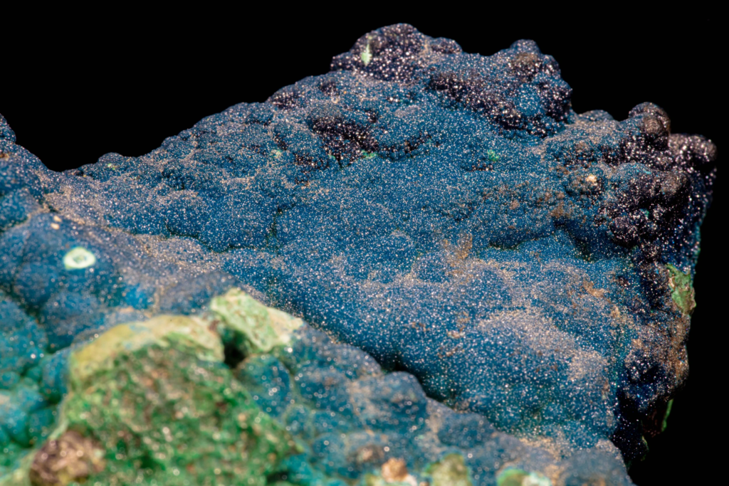 Surface texture macro of flat blue botryoidal cornetite, Congo.