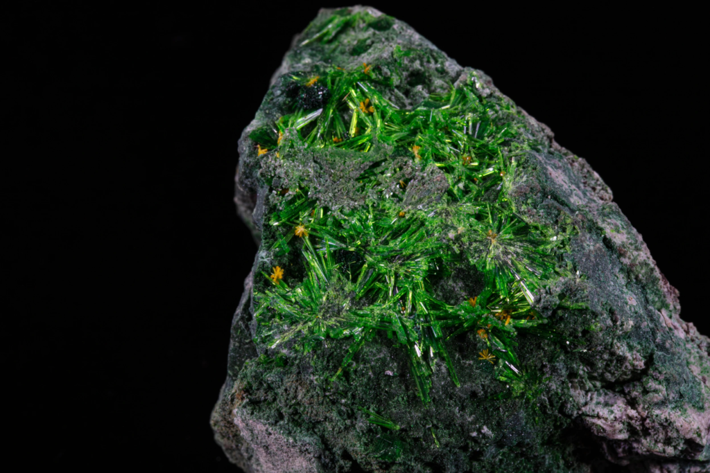 Bright green acicular cuprosklodowskite needles with tiny yellow uranophane crystals.