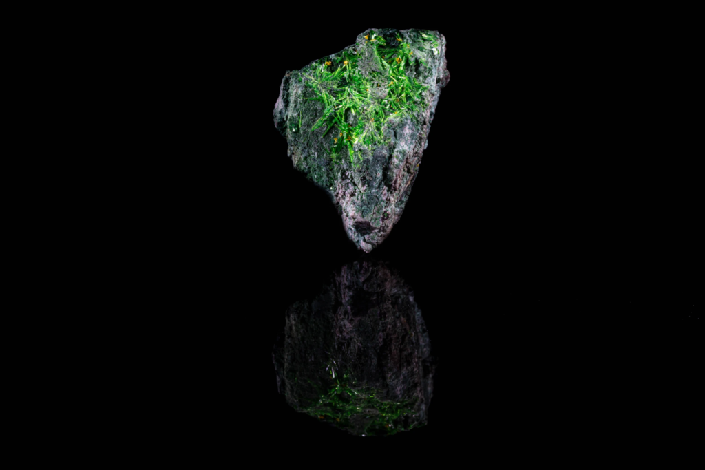 Full green cuprosklodowskite specimen showing complete vertical reflection on black.