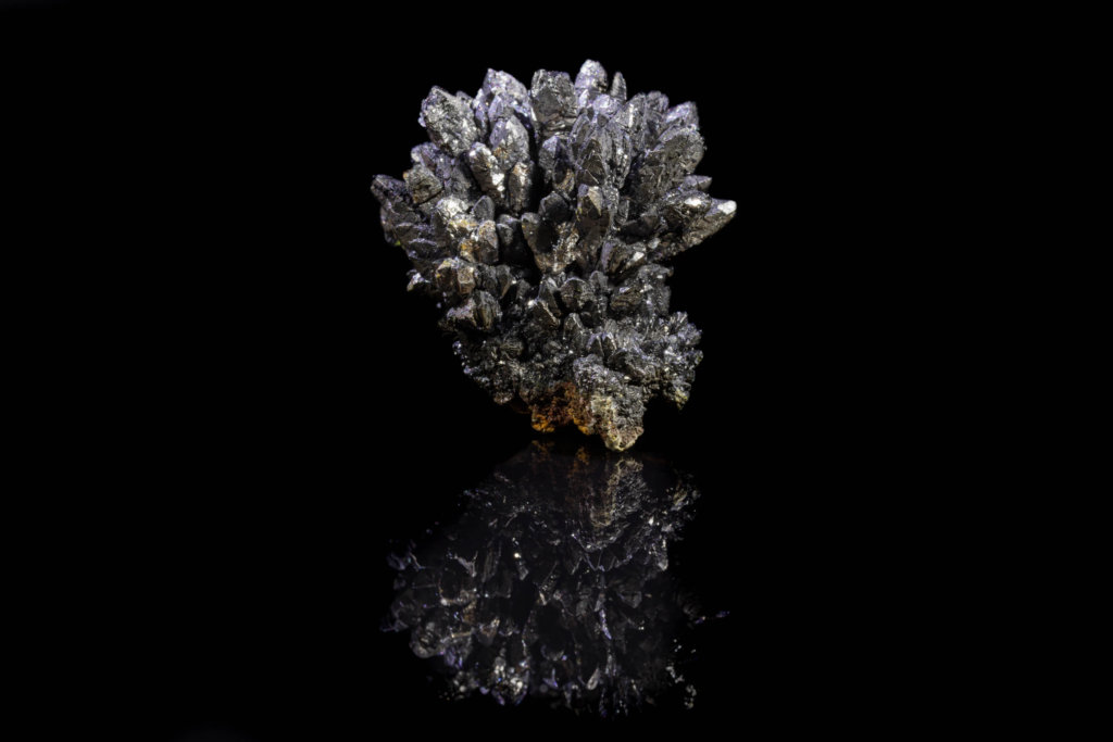 Vertical view of a dark descloizite crystal cluster with mirror reflection.