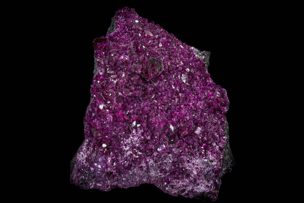 Close up front view of deep purple kammererite crystals on matrix.